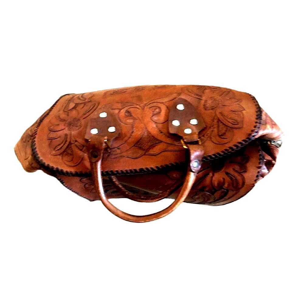 Vintage Etched Brown Tan Leather Embossed Handbag Bowling Bag Tote Bag Western - Picture 3 of 6